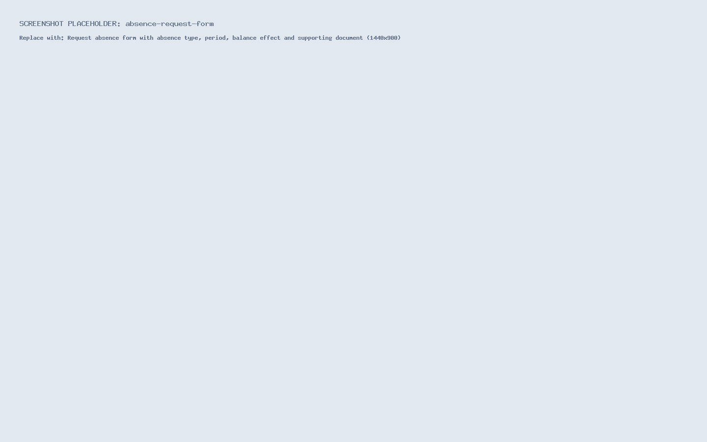Request absence form with absence type, period, balance effect and supporting document