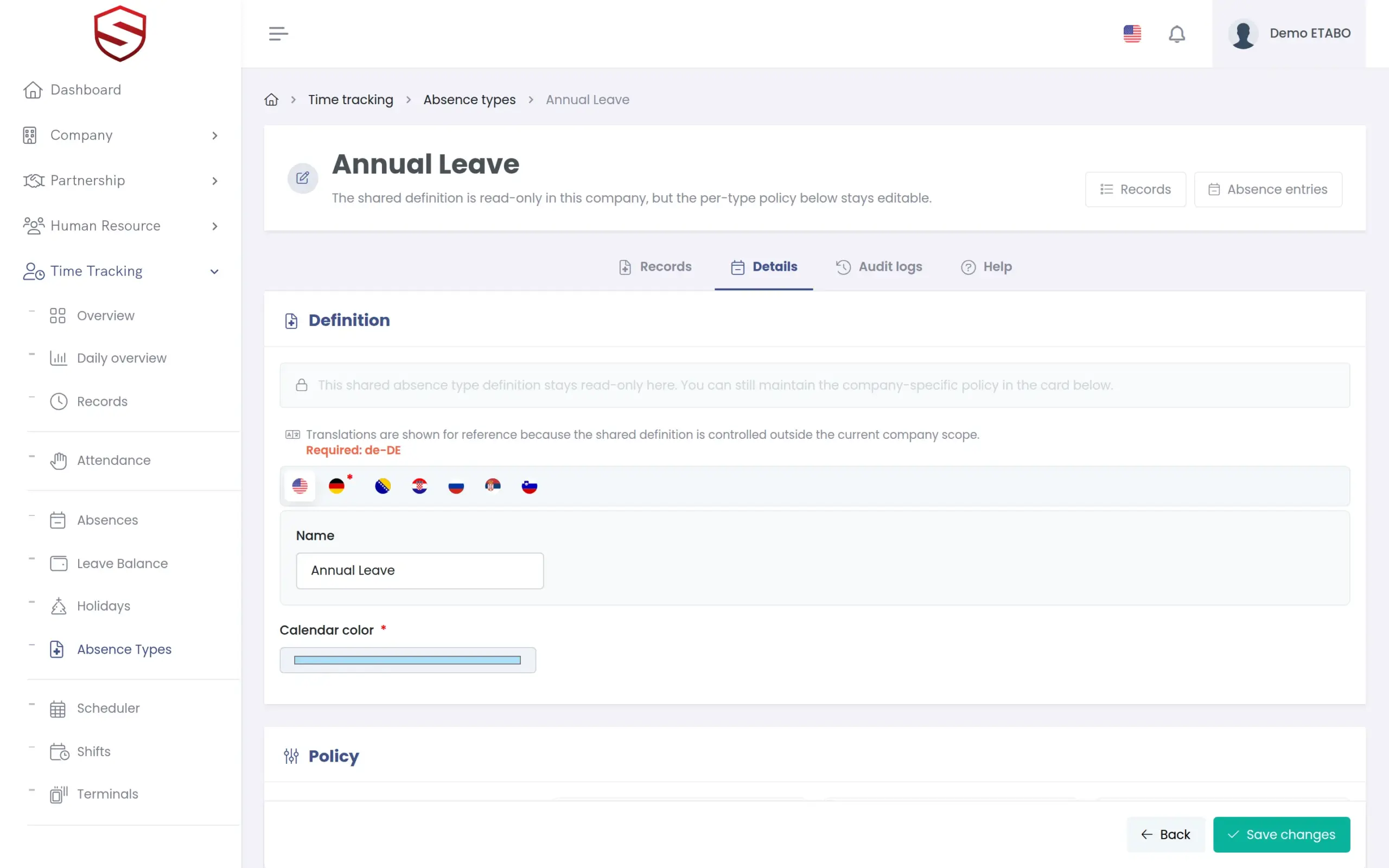 Absence type policy with automatic approval, balance deduction and document rules