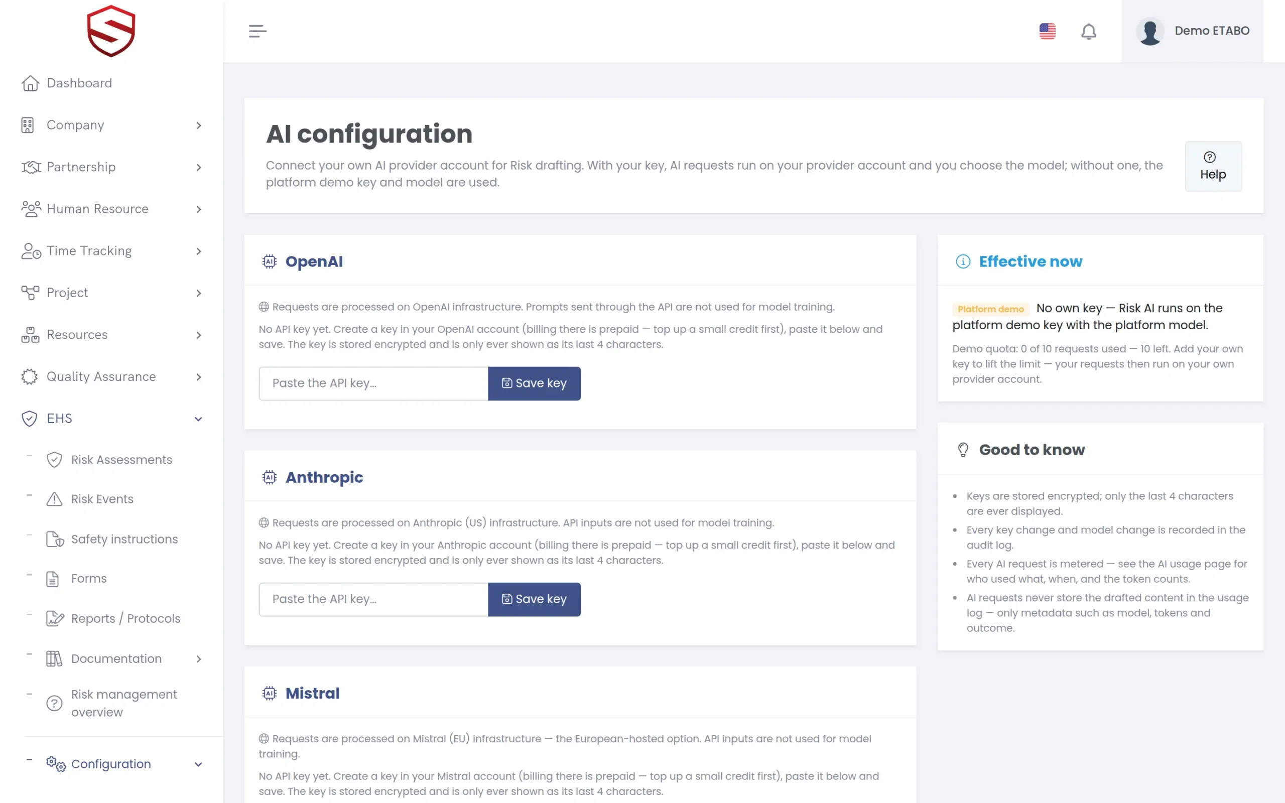 AI configuration with provider cards for OpenAI, Anthropic, Mistral and Azure OpenAI and the effective-provider panel