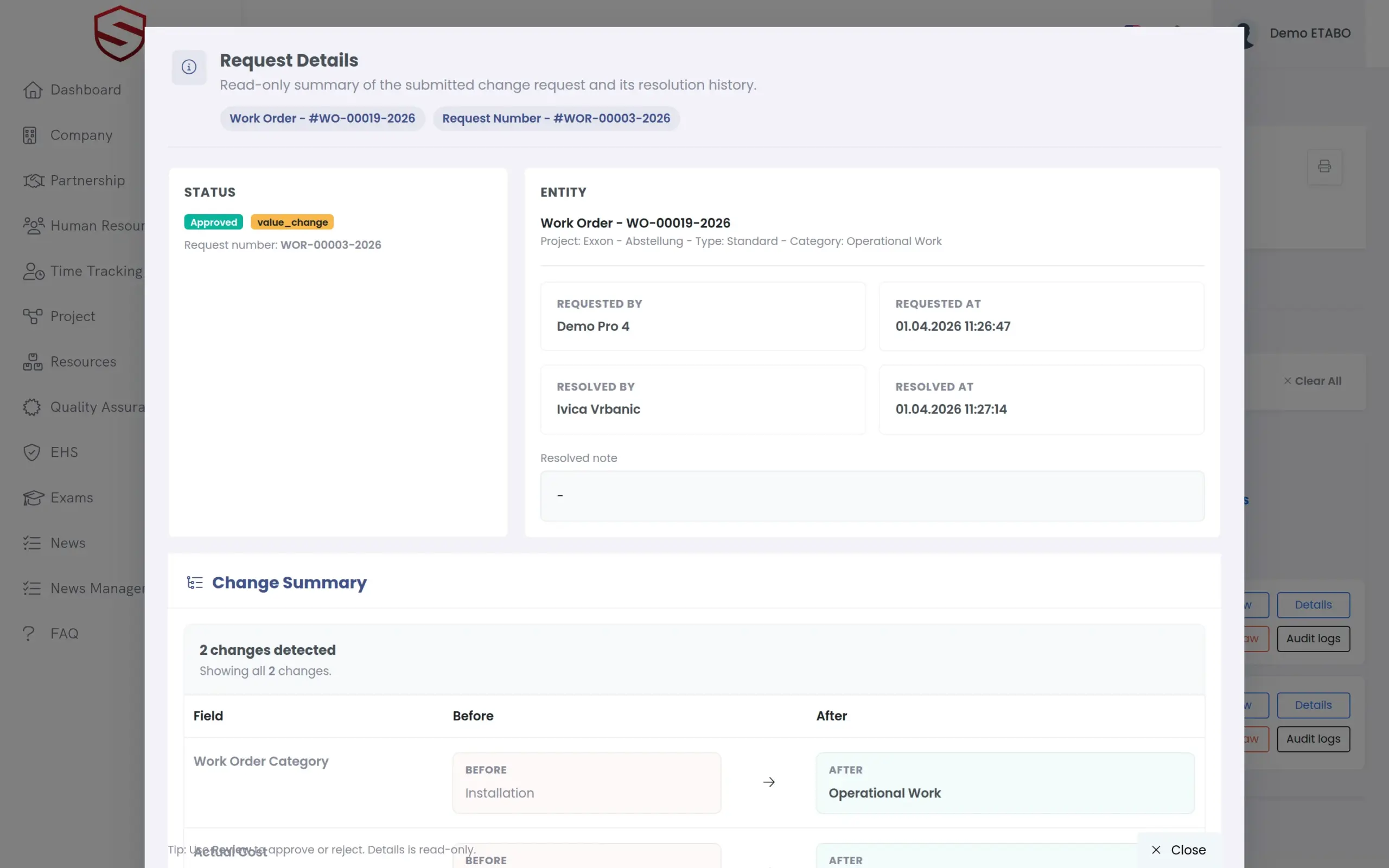 Change request with old and new values per field and Added, Removed, Changed badges
