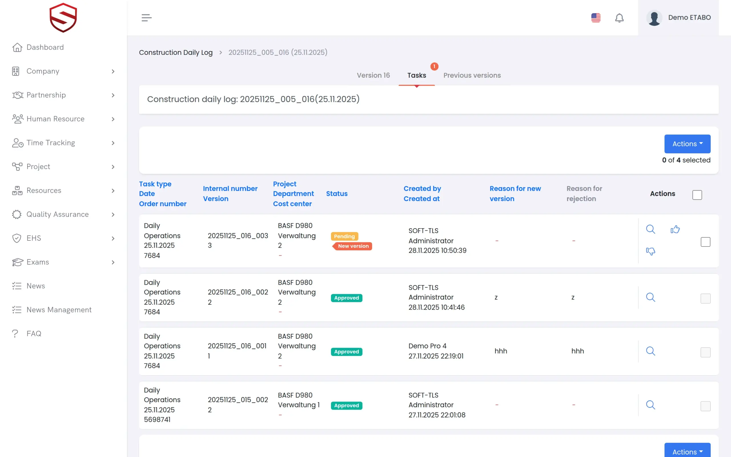 Daily log tasks with review status and Approve and Reject actions
