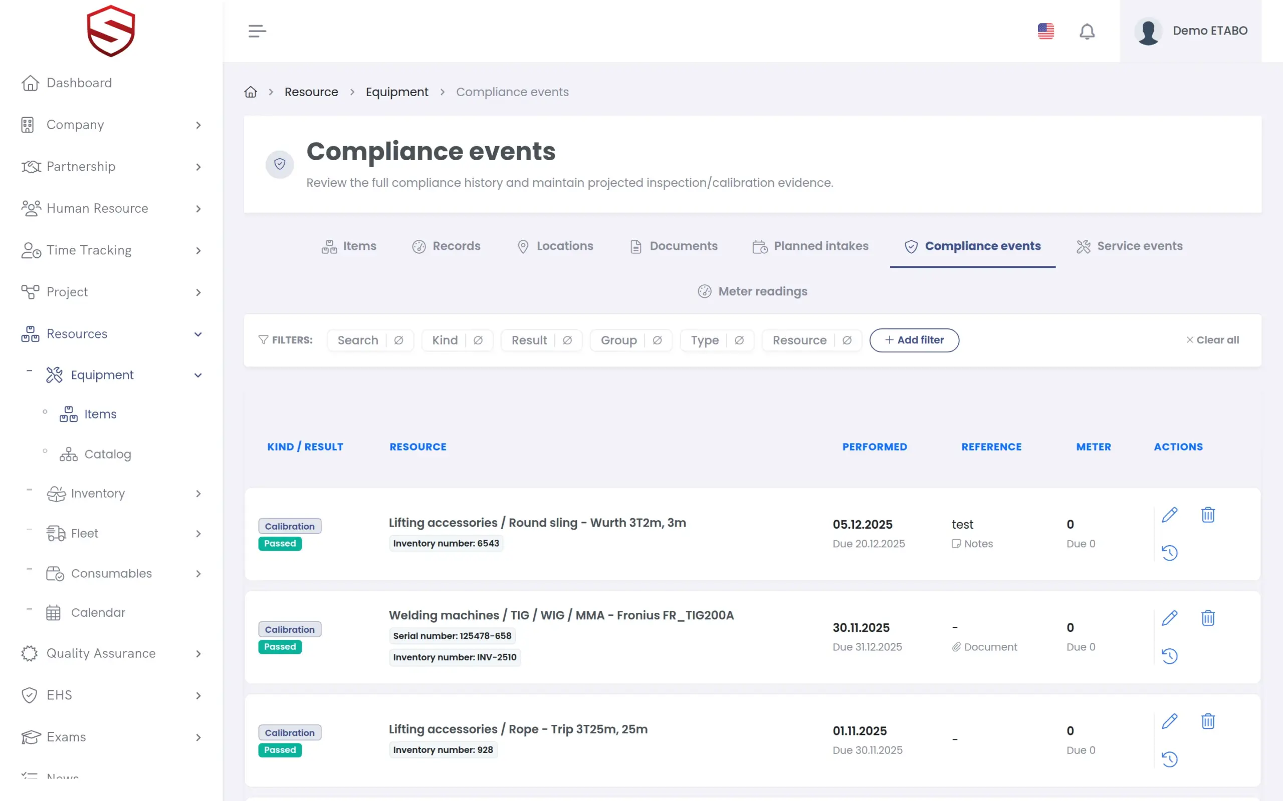 Compliance events list with kind, result, report number and next due date