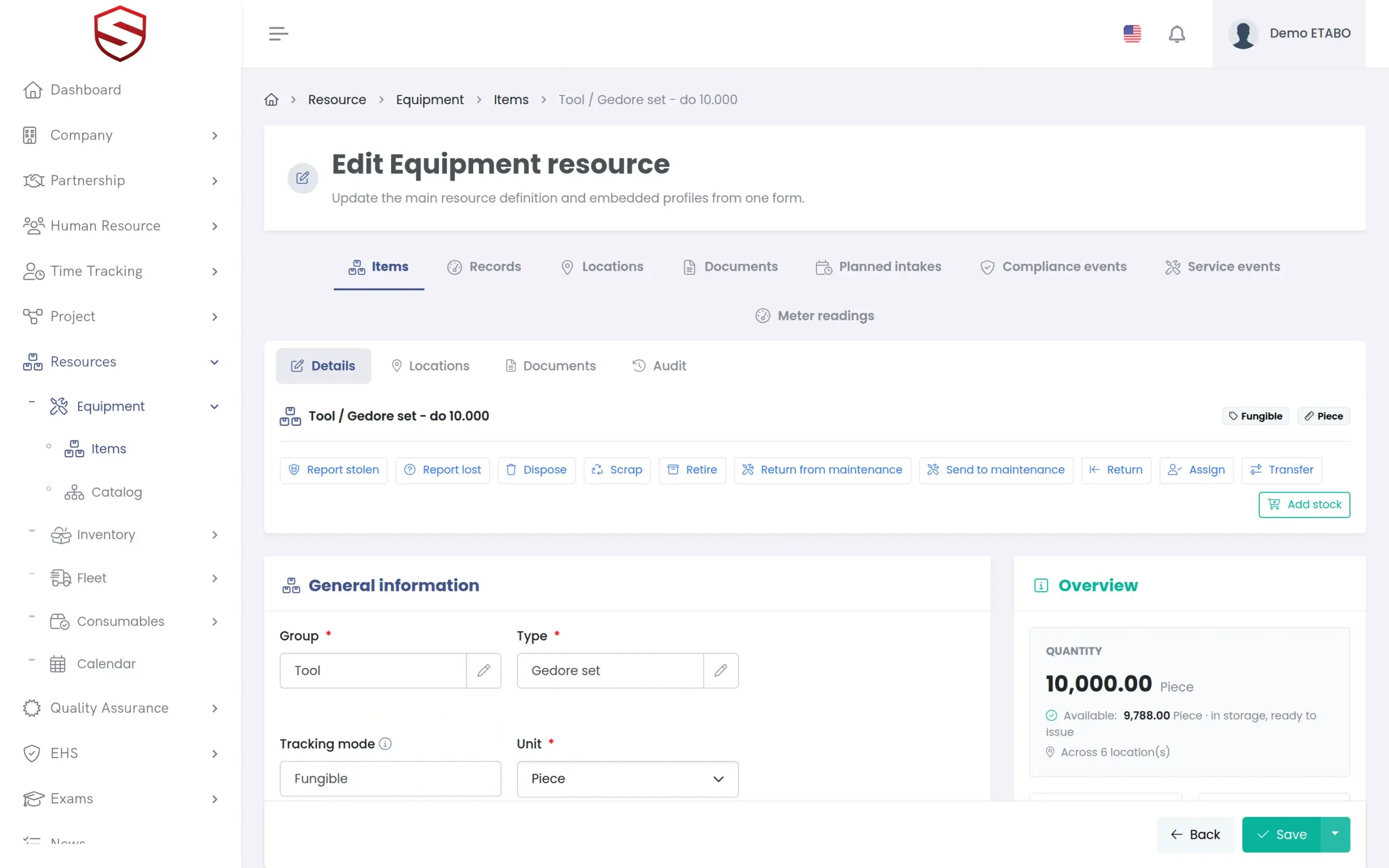Equipment item with documents, location and history