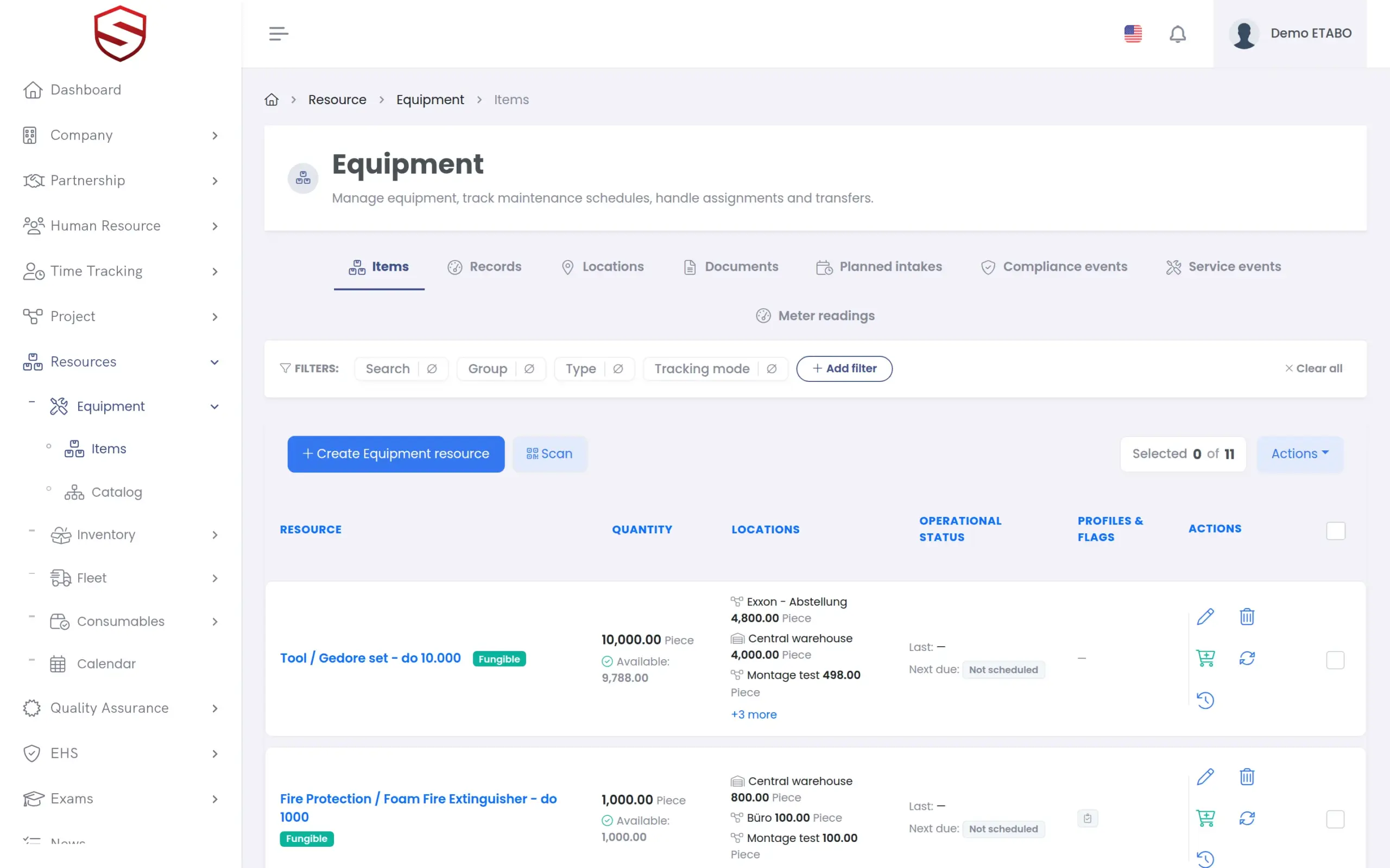 Equipment list with location, status and next inspection