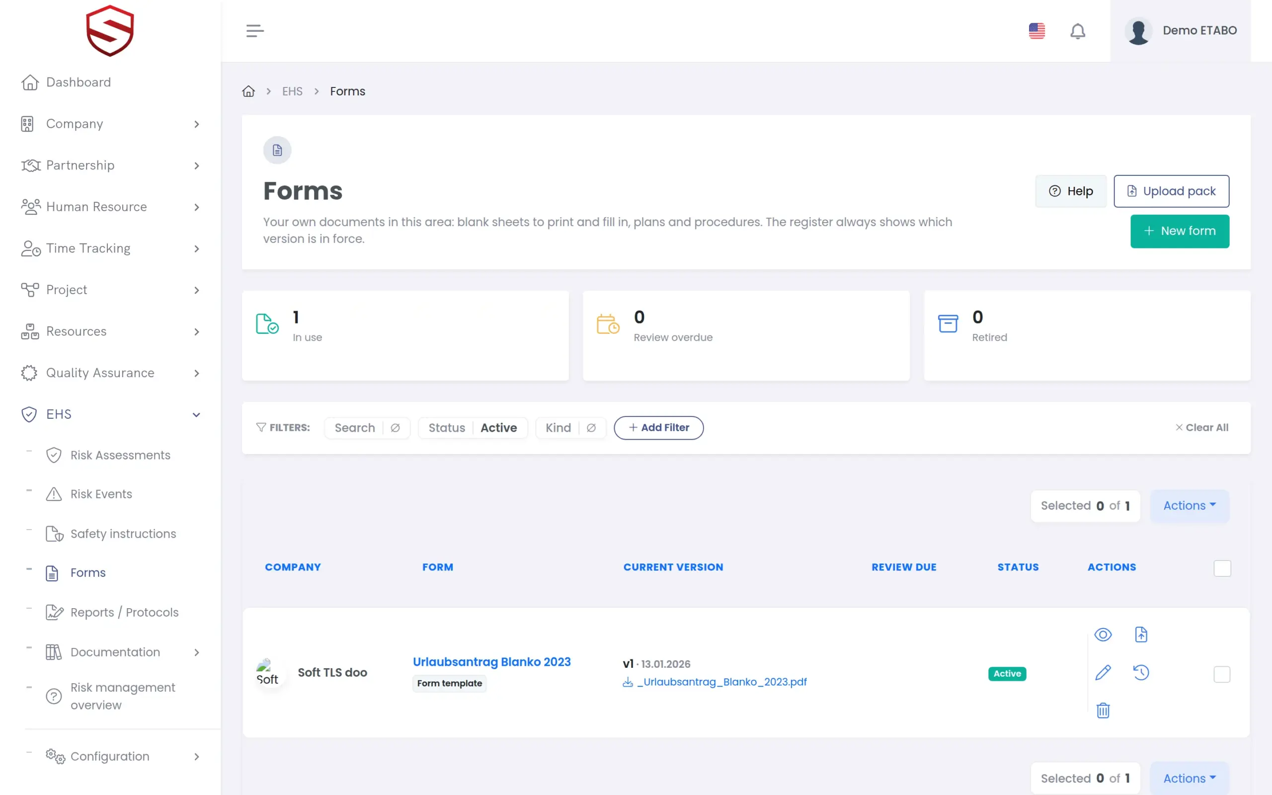 Forms register with current version, review due date and status