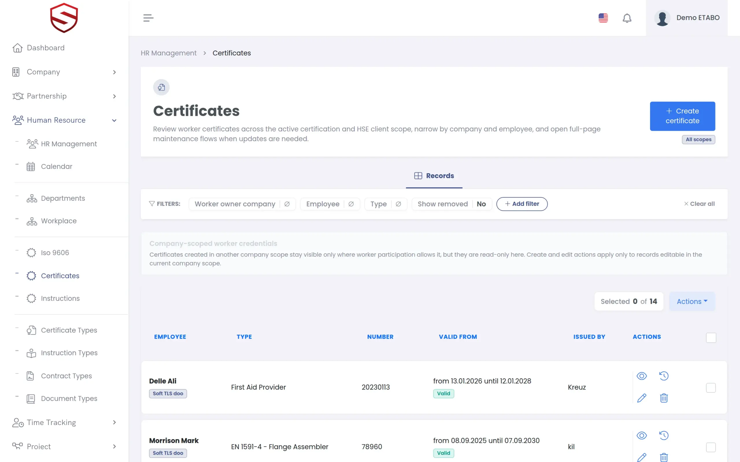 Certificates list with type, holder and expiry status