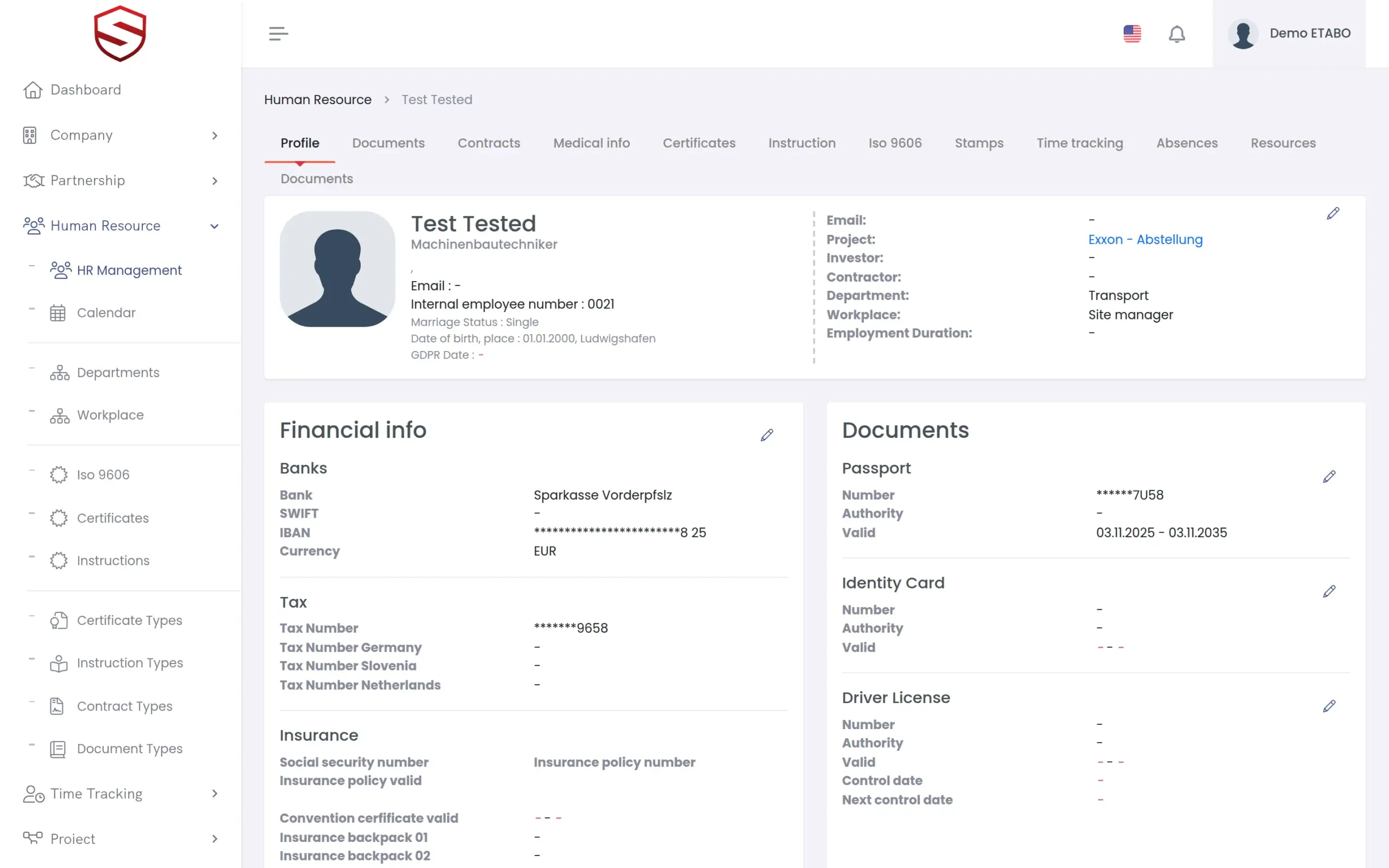 Employee profile with documents, certificates and expiry status