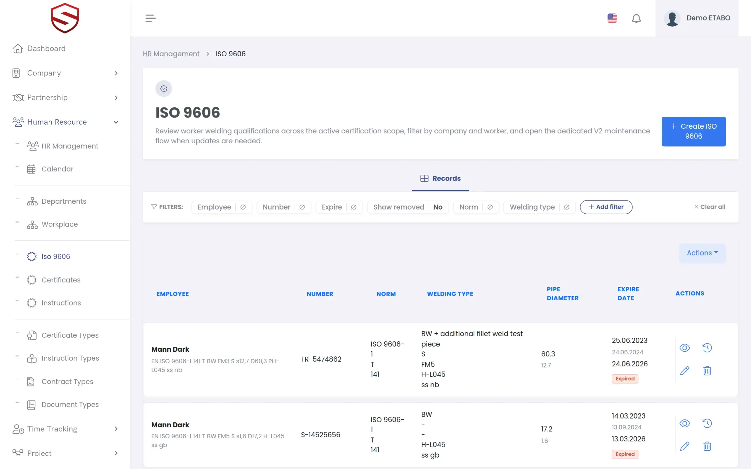 ISO 9606 register with designation fields and validity per welder