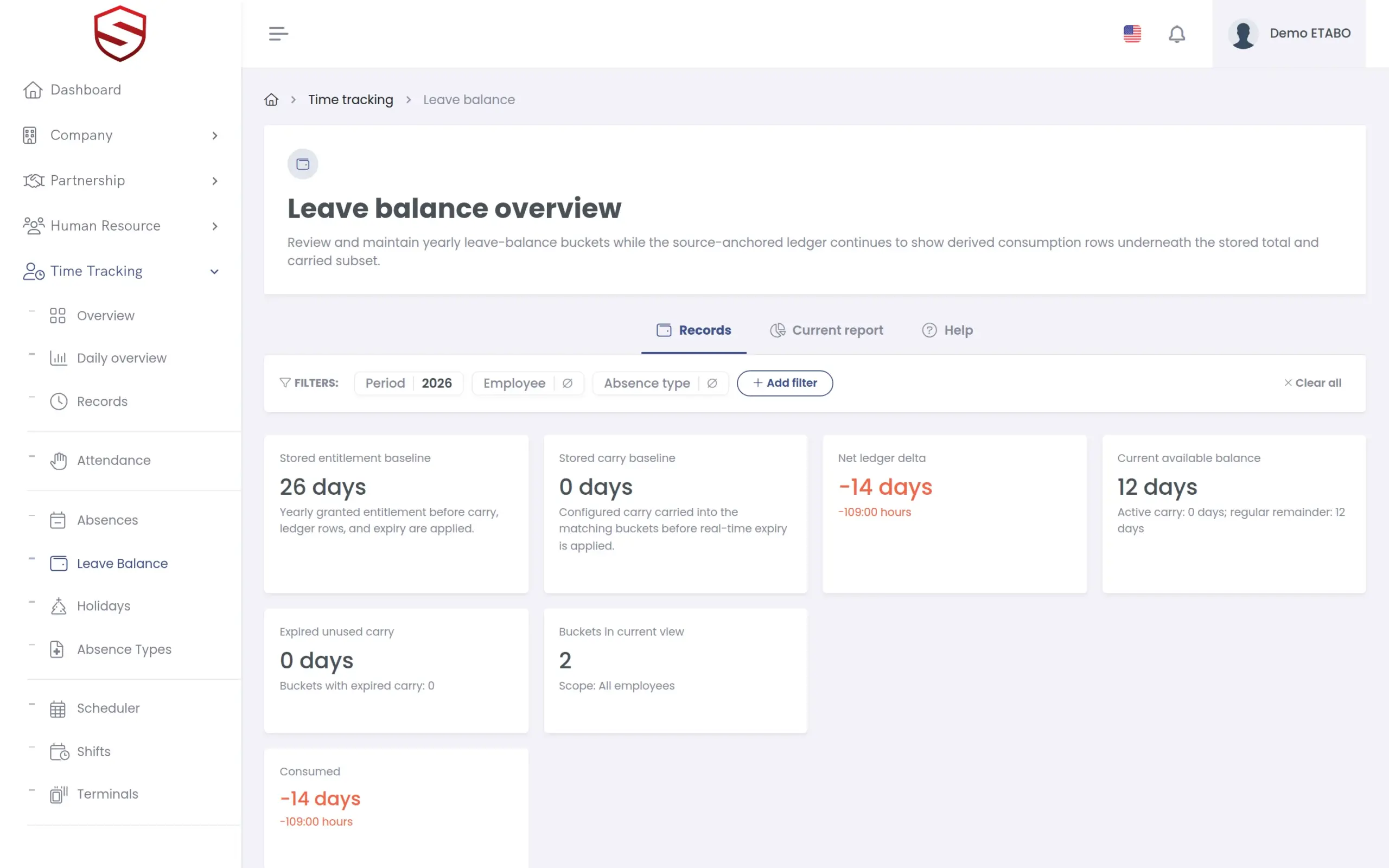 Leave balance per worker with entries
