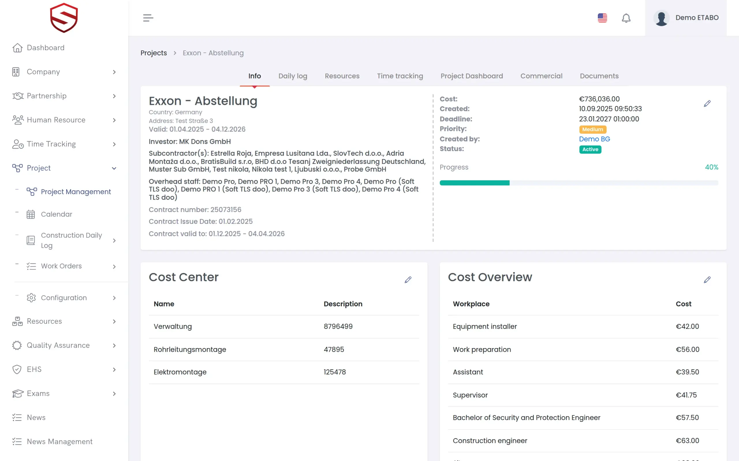 Project overview with team, hours and resources