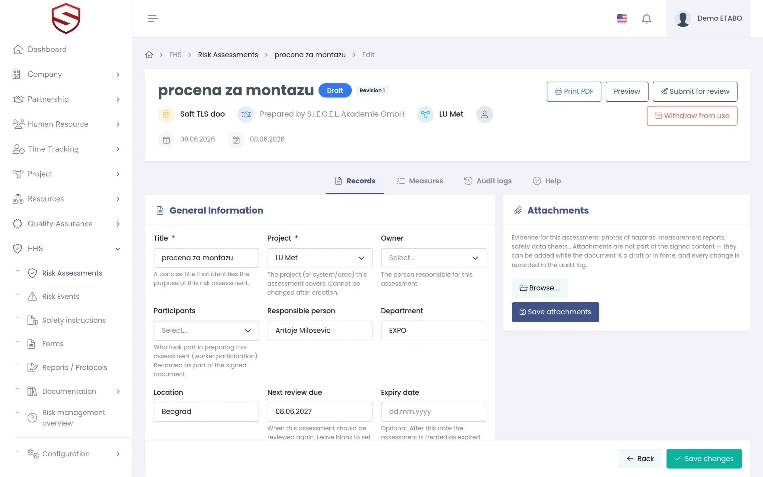 Risk assessment editor with AI-proposed hazards and controls