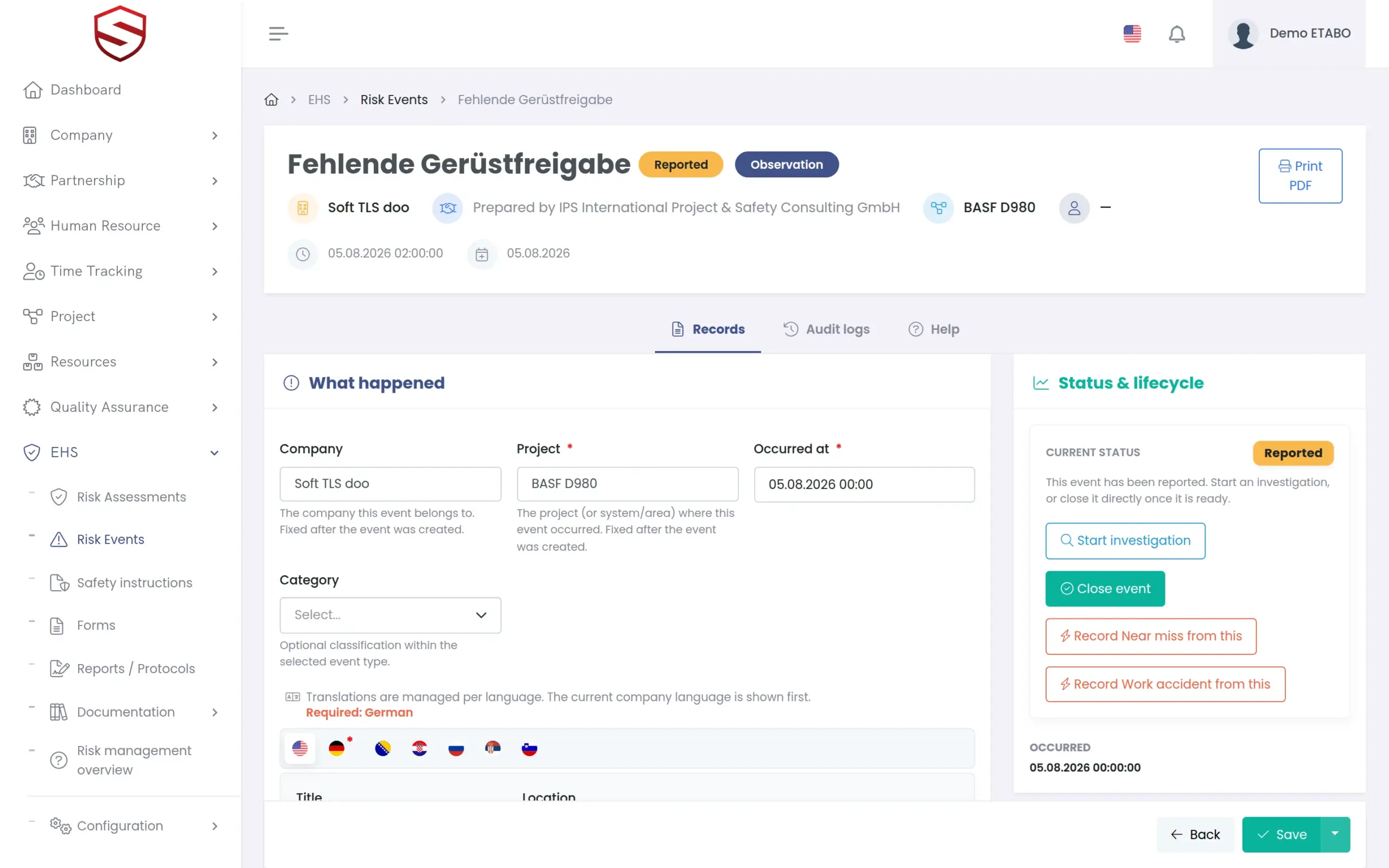 Risk event report with photo, classification and follow-up actions