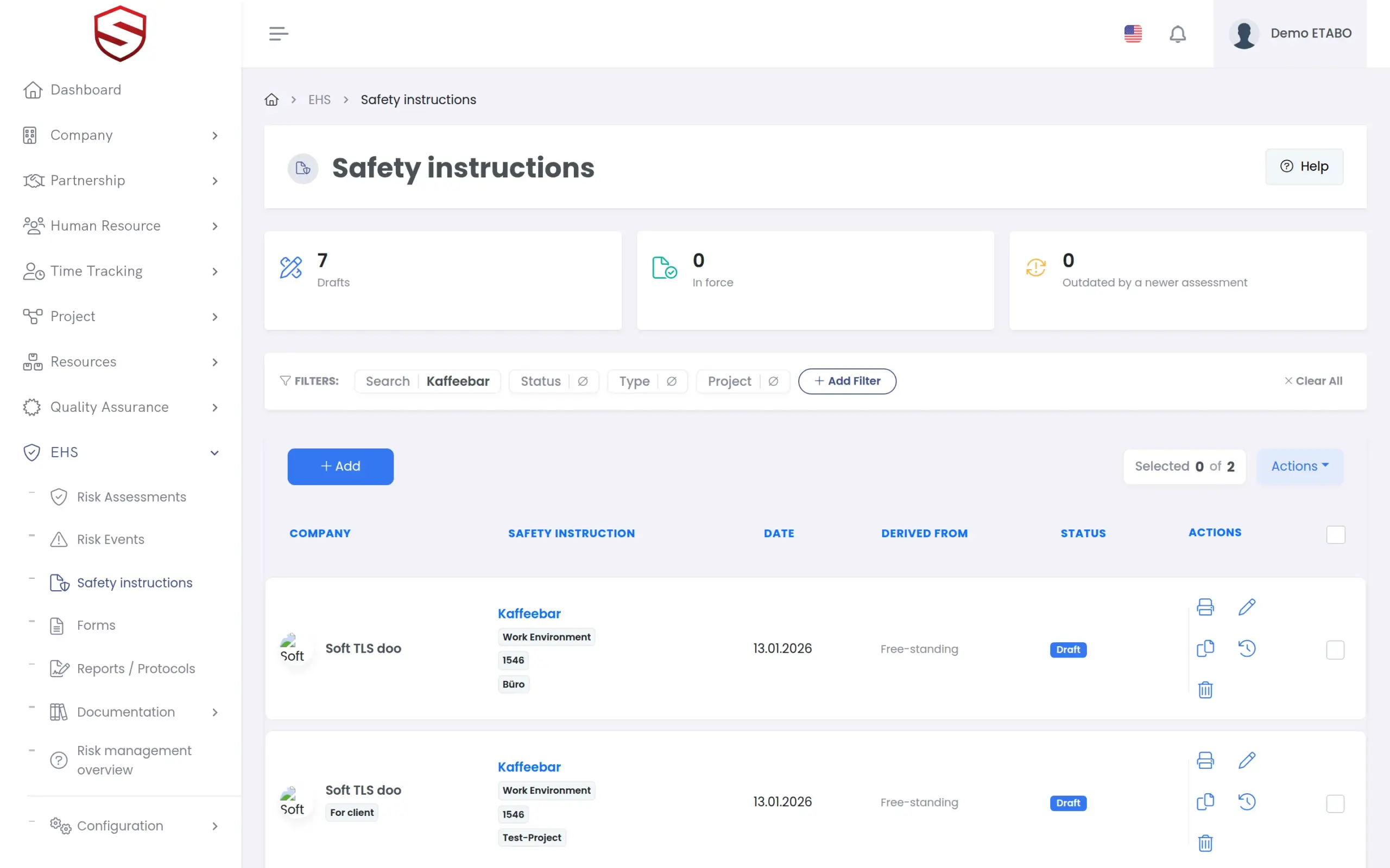 Safety instructions register with type, status and the assessment each instruction is derived from