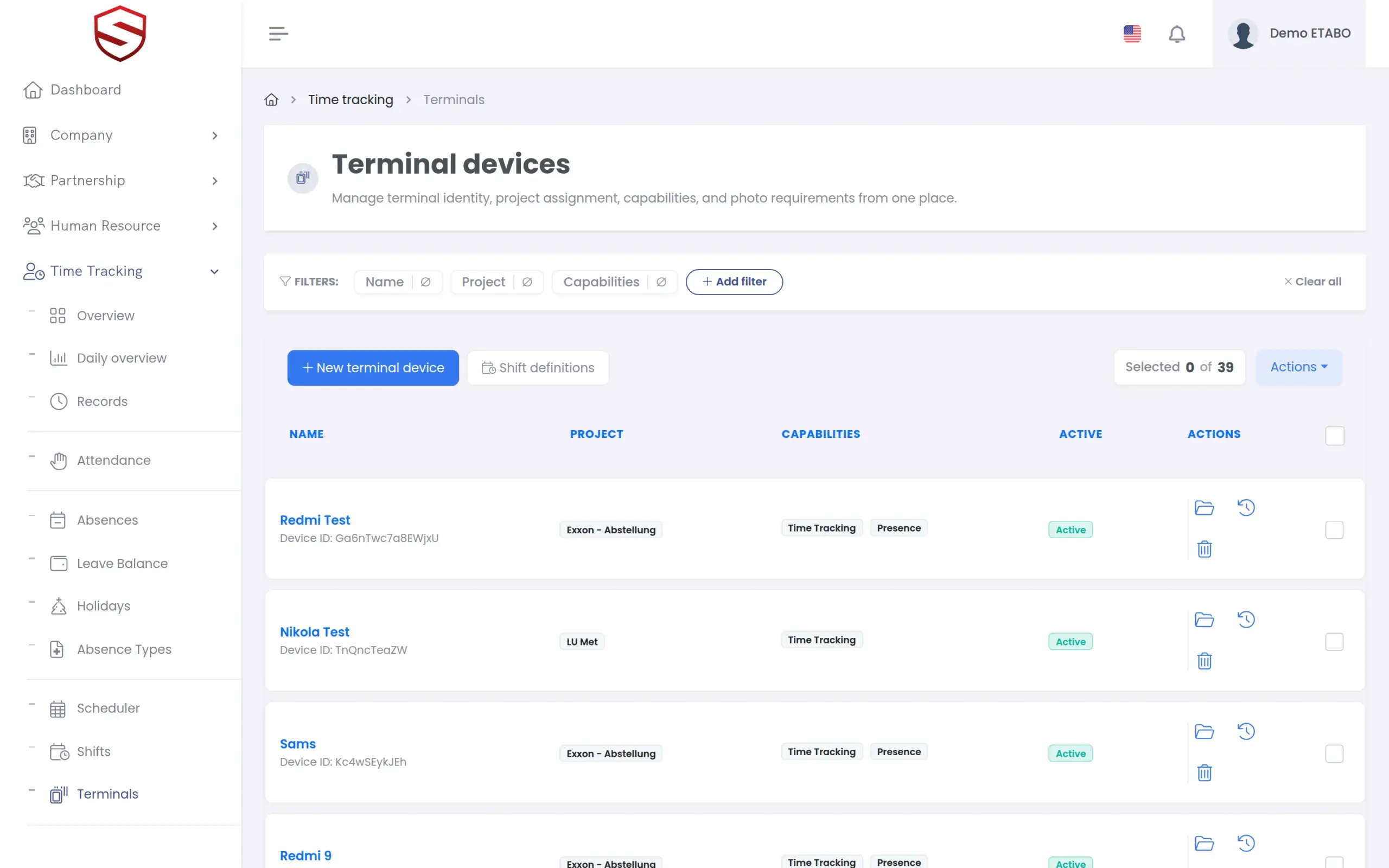 Terminal devices list with status per site