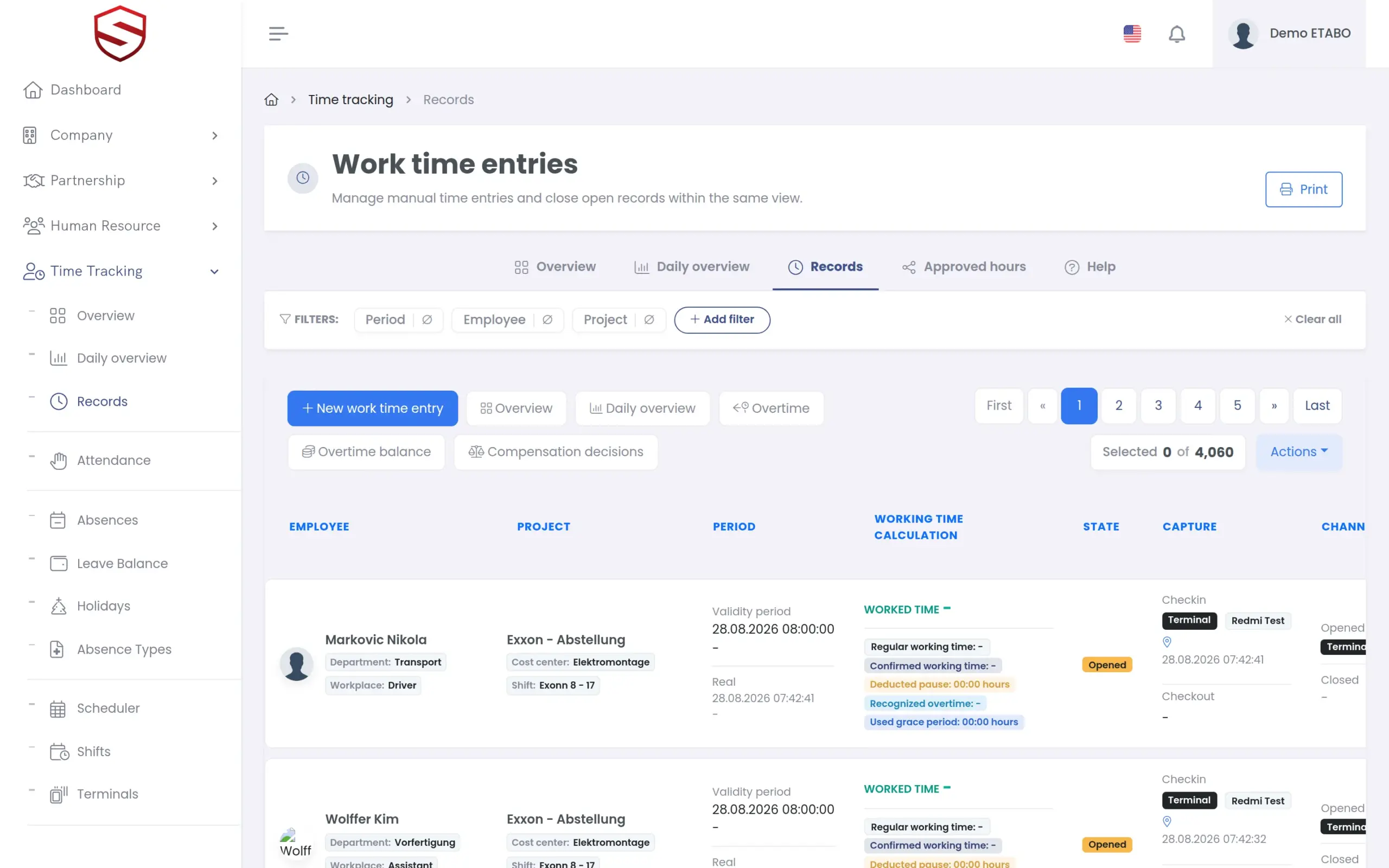 Working time overview per worker and day