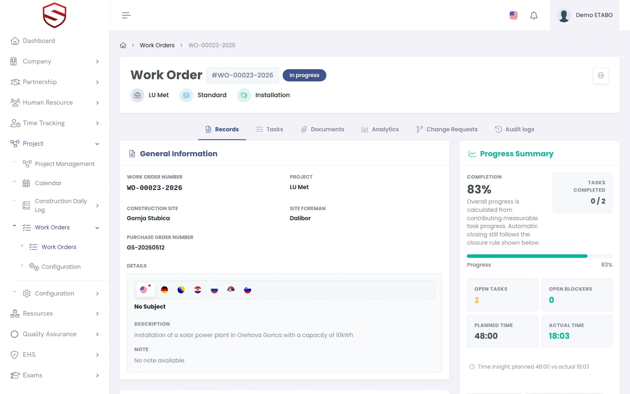 Work order detail with tasks, progress and approvals