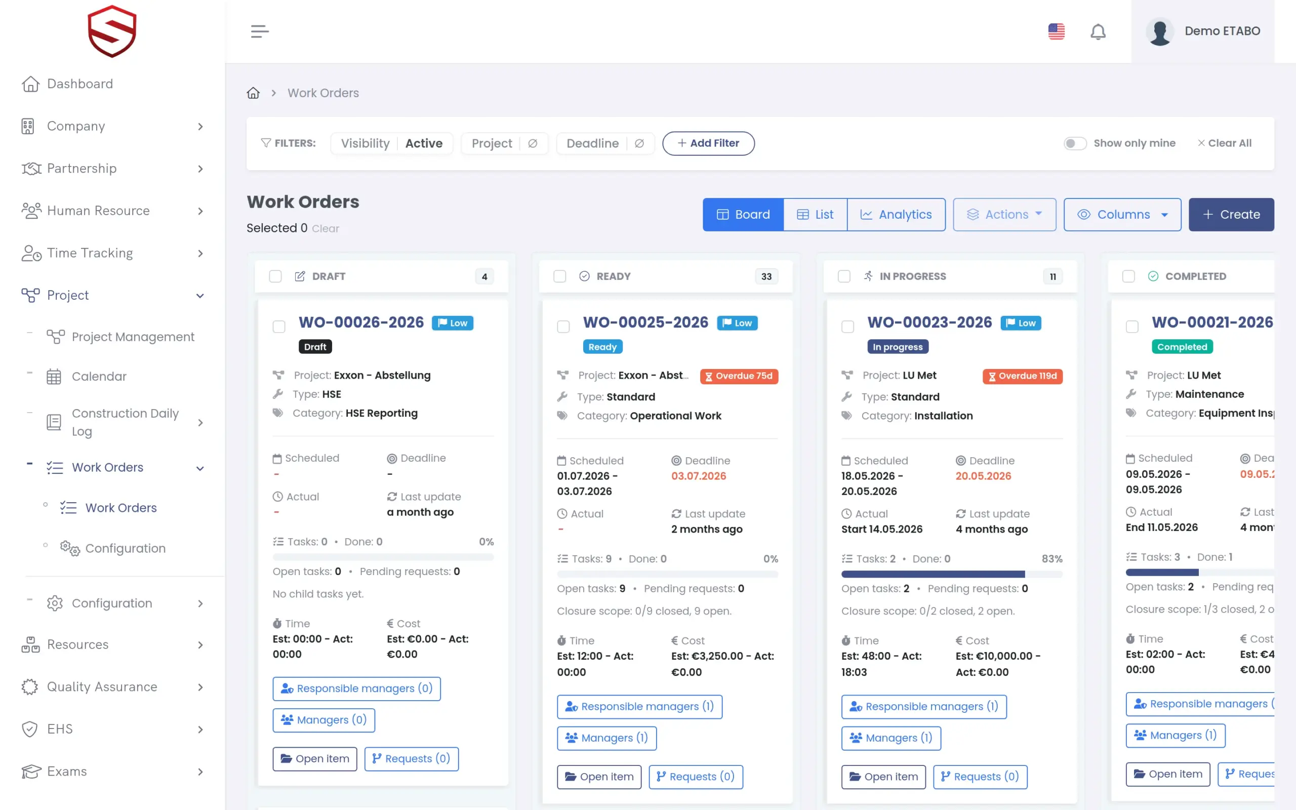 Work order Kanban board with status columns, overdue chips and task progress bars