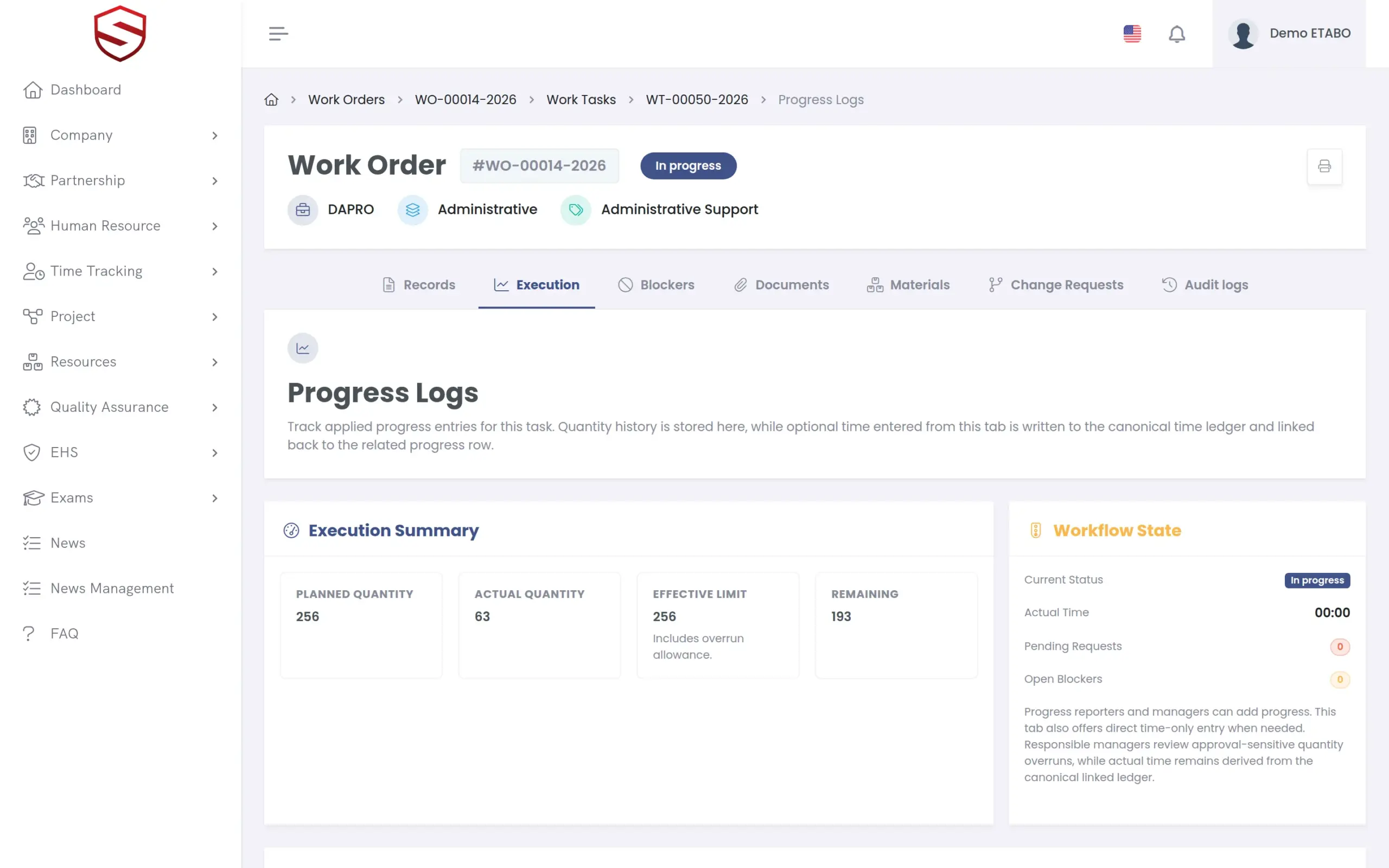 Progress Logs for a task with planned and actual quantity, effective limit and ledger