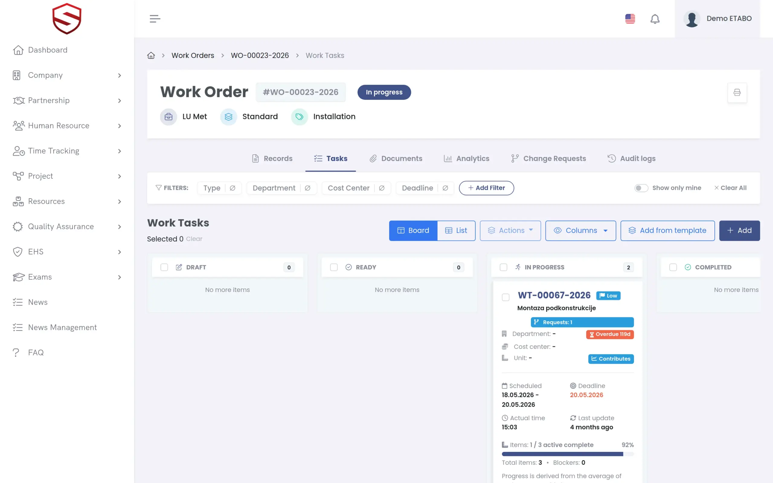 Work task list with status, blockers and time spent